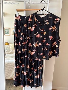 Vintage Black Floral Midi Skirt & Vest Set